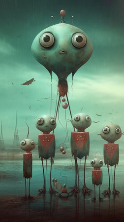 Funny monsters in the rain. 3d illustration. Toned. Generative AIの素材
