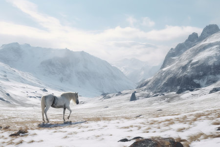 Wild White Horse in the winter and snow on the high mountain. Generative AIの素材