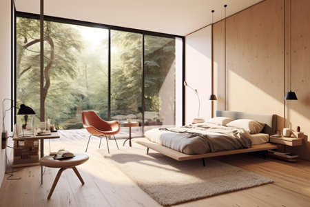 Interior of modern bedroom with white walls, wooden floor, comfortable king size bed with red armchair and coffee table. 3d renderingの素材