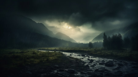 Dark moody landscape with a mountain river and forest in the backgroundの素材
