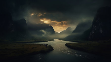 Fantasy landscape with a river and mountains. 3d rendering.の素材
