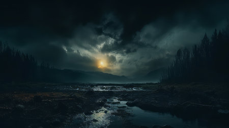 Foggy night landscape with river and mountains. 3d renderingの素材