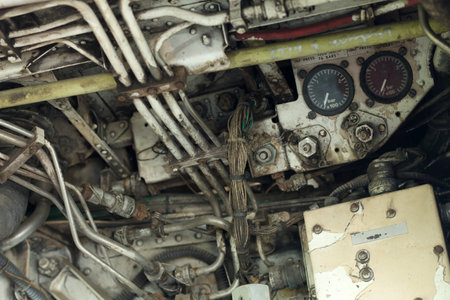 Inside of wheel well stowaway of an old jet fighter airplaneのeditorial素材