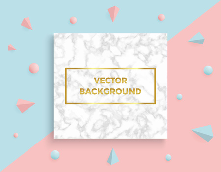 Marble textures with abstract geometric 3d elements on the pink and blue banner backgrounds. Trendy pattern minimalistic style vector illustrations for posters, placards, banners, covers.のイラスト素材