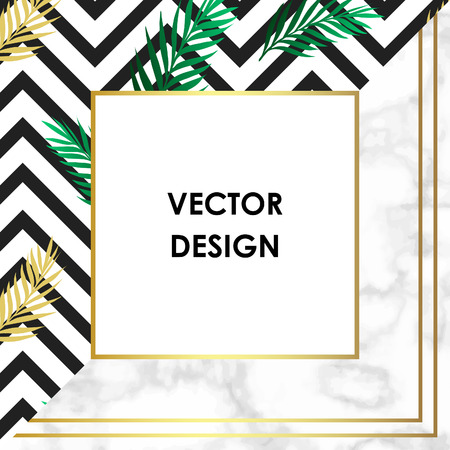 Tropical banner with jungle rainforest bright green leaf and marble texture background with gold frame. Text placeholder. Background for posters, placards, banners, covers.のイラスト素材