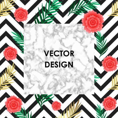 Tropical banner with jungle rainforest bright green leaf, with flowers and marble texture background. Text placeholder. Background for posters, placards, banners, coversのイラスト素材