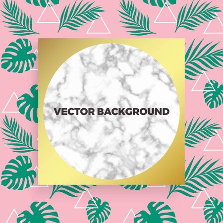 marble texture card on the gold gradient with geometric triangles and modern exotic tropical jungle green palm leaves on the pink background. For poster, flayer wallpaper, banner, background elementのイラスト素材