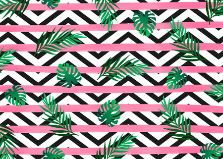Pink watercolor lines horizontal stripes with an exotic tropical jungle rain forest bright green...