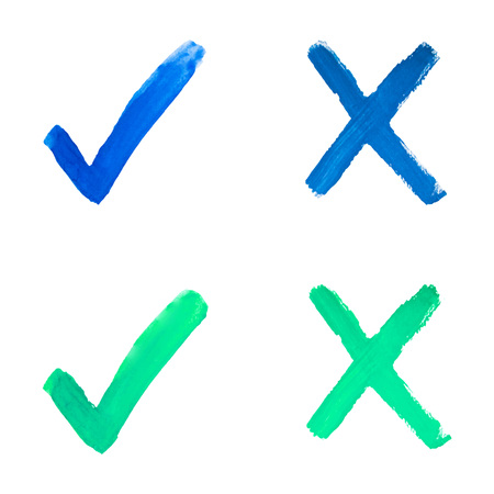 Set colorful check mark and cross sign. Blue, green watercolor check mark on white background. Brush strokes hand drawn. Abstract textured in handmade technique. Vector illustration.のイラスト素材