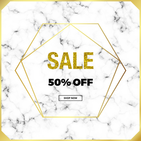 Cover minimalist placard, white marble or stone texture with gold lines border and glitter sale.のイラスト素材