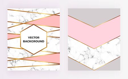 Set geometric designs posters with gold, cream, gray, pastel pink colors and marble texture stripes background. Template for invitation, card, design, banner, wedding, baby showerのイラスト素材