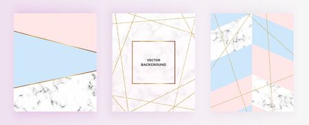 Set of geometric designs with gold glitter line, cream blue, pastel pink flowers and marble texture background. Template for invitation, card, design, banner, wedding, baby showerのイラスト素材
