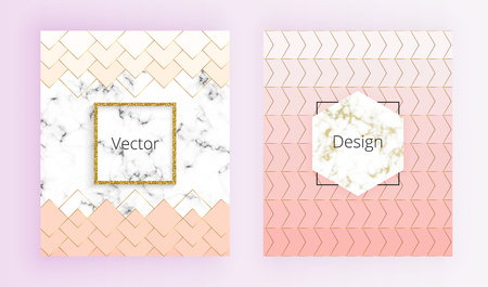 Set geometric cover designs with gold lines, pastel pink flowers and marble texture background. Template for invitation, card, design, banner, wedding, brochure, web, flyerのイラスト素材