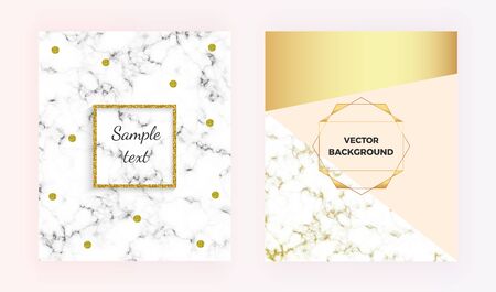 Set modern marble texture with geometric designs with gold, cream, pastel pink colors background. Glitter frame. Template for invitation, card, design, banner, wedding, posters, flyerのイラスト素材