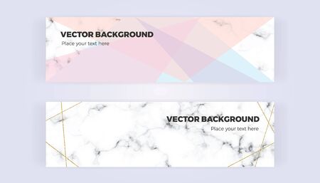 Geometric designs banner in gold, glitter, cream, light blue, pastel pink and marble texture background. Template for designs, card, flyer, invitation, party, birthday, wedding, email, web Vector illustration.のイラスト素材