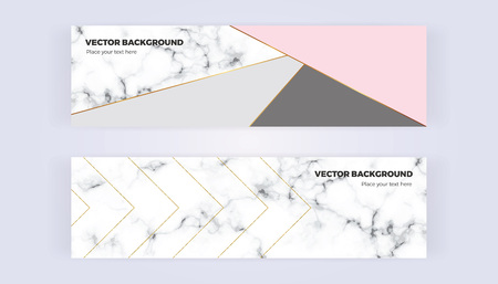 Geometric banner in gold, glitter, gray, pastel pink and marble texture background. Template for designs, card, flyer, invitation, party, birthday, wedding, email, web Vector illustration.のイラスト素材