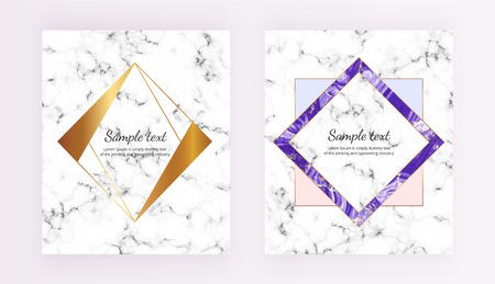 Set minimalist placards, polygonal frames. White, purple marble texture with gold lines border.のイラスト素材
