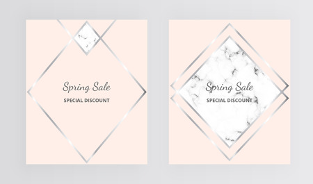 Modern minimalist geometric designs. Marble texture with silver triangles, lines background. Trendy template for banner, brochure, card, flyer, invitation, party, wedding, placard, magazine, websiteのイラスト素材