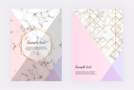 Marble geometric design with golden lines, triangular elements and gold polygonal frame. Modern templates for invitation, wedding, placard, birthday, brochure, banner, cover, layout, card, flyerのイラスト素材