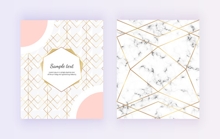 Geometric design with golden polygonal lines on the marble texture. Trendy elegant luxury frame. Template for invitation, card, banner, wedding, placard, poster, party, flyer, brochureのイラスト素材