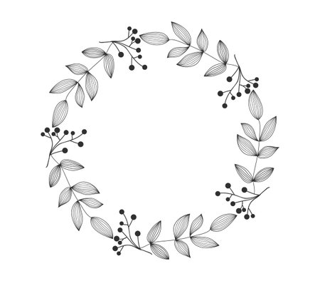 Hand drawn wreath, contour lines leaves. Floral frame for wedding, invitation and holiday. Decorative elements for design, isolated on white background. Vector illustration.のイラスト素材