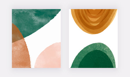 Boho wall art print with green and orange watercolor shapesのイラスト素材