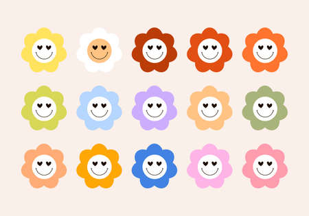 Colorful set of retro flowers in a hippie styleのイラスト素材