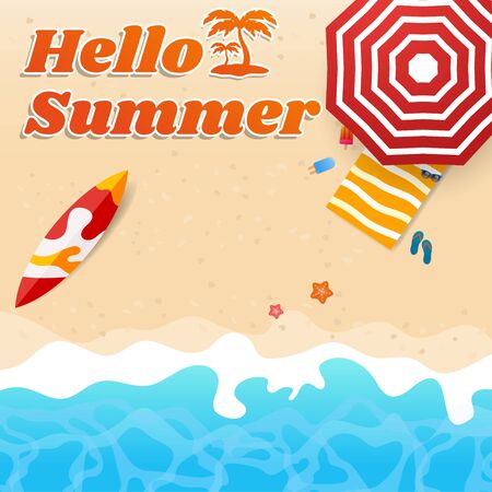 Hello summer beach theme with surfing board umbrella by the seaのイラスト素材
