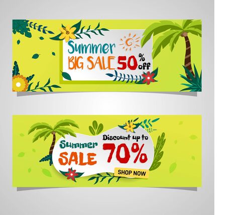 Big summer sale discount banner. Tropical theme with coconut tree holiday season green background design - Vectorのイラスト素材