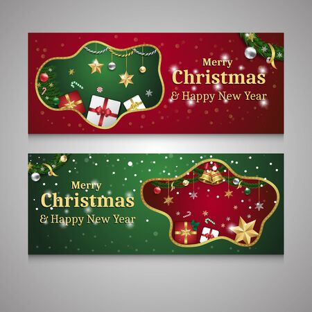 Merry christmas and happy new year banner with red and green backgroundのイラスト素材