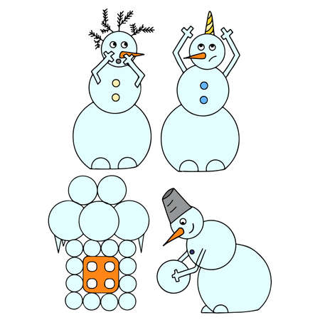 Two color subject vector illustrations of snowmen. Snowman unicorn. Snowman builds a snow house.のイラスト素材
