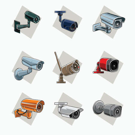 colorful CCTV icon (green, blue, grey, light grey, brown, red, orange, white) - tube, square shaped CCTV - colored icon, symbol, cartoon logo for security systemのイラスト素材