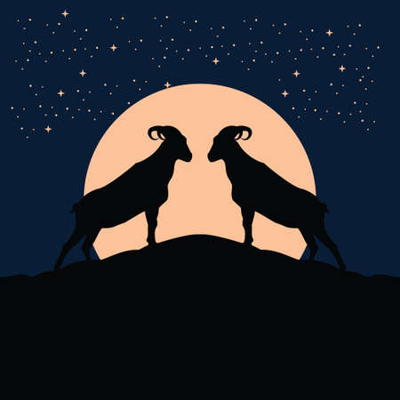 twins billy goat silhouette at the full moon night - goat, sheep, lamb logo emblem or button icon silhouette - mammal, animal vector iconのイラスト素材