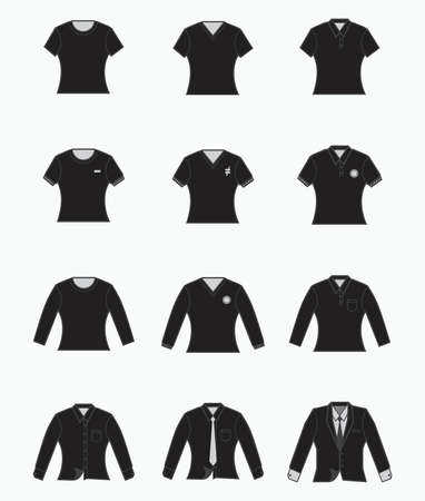 black t-shirt, polo shirt, collared formal cloth, tuxedo icon - slim fit or woman shirt - for production clothing, advertisement, apparel textile useのイラスト素材
