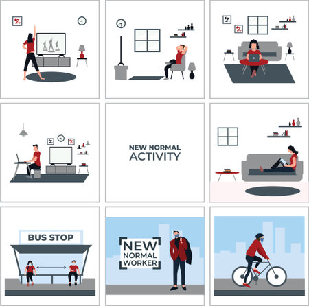 stay at home activity, social distancing and wear masker at the bus stop, new normal worker, ride a...