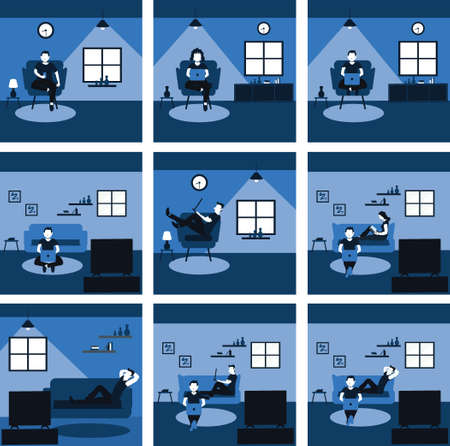 at the living room, a man and woman casually work, watching television and read the book - two tone flat cartoons illustrations setのイラスト素材