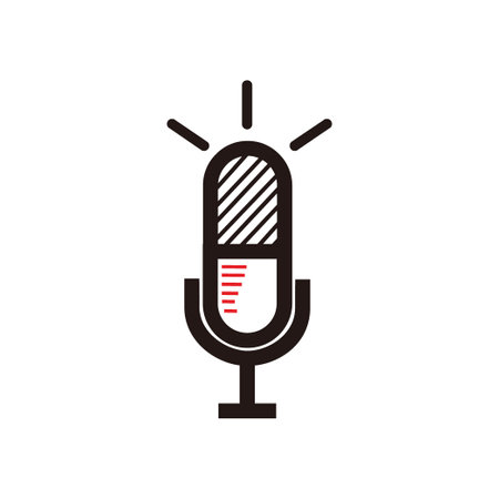 simple line art capsule microphone for broadcast or podcast logo or icon - red, white and black illustrationsのイラスト素材