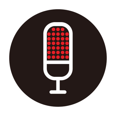 dot pattern head microphone for broadcast or podcast - red, white and black illustrations - silhouette icon or logo on a black circle backgroundのイラスト素材