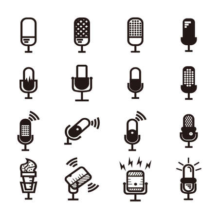 black silhouette of microphone set - microphone set with lightning and connection sign for broadcast or podcast - silhouette microphone set logo or icon isolated on whiteのイラスト素材