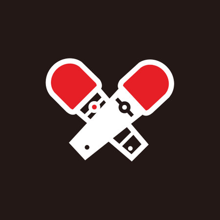 red and white twin crossed microphone for news anchor, news live, television or infotainment news, etc - red and white twin crossed microphone isolated on blackのイラスト素材