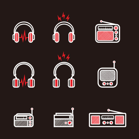 headphones and classic radio illustrations set - headphones and vintage radio set for music icon isolated on blackのイラスト素材