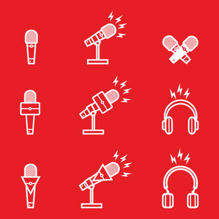 silhouette of broadcasting microphone and headphone with lightning sign for news anchor, news live, infotainment news, etc - broadcasting microphone and headphone with lightning sign isolated on redのイラスト素材