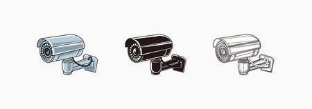 CCTV camera icons set with cable - colored, silhouette, line icon vector illustrations isolated on...