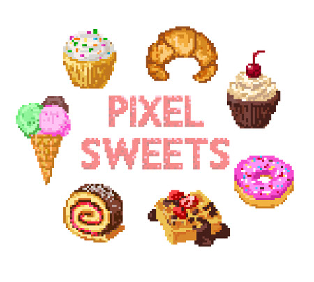 Set of pixel sweets - pastry and ice creamのイラスト素材