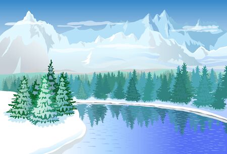 Winter landscape with mountains and spruce treesのイラスト素材