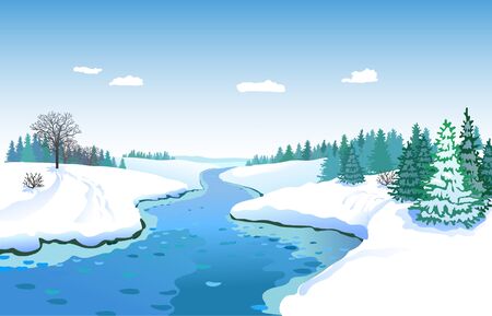 Winter landscape with river and treesのイラスト素材