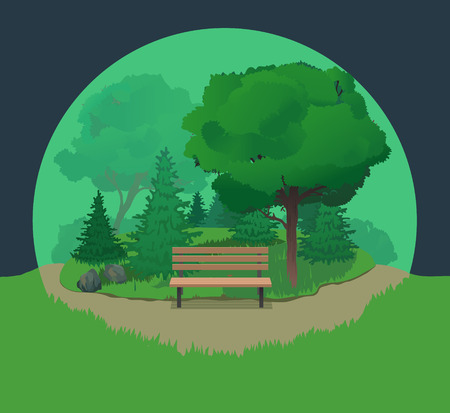 Summer landscape with bench and roadのイラスト素材