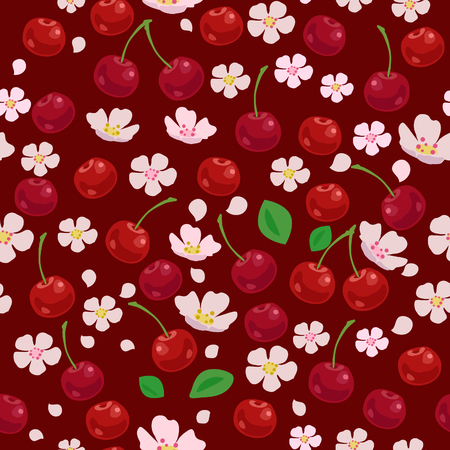 Cherry Seamless Pattern with Flowersのイラスト素材