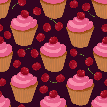 seamless pattern with cupcakes and cherriesのイラスト素材