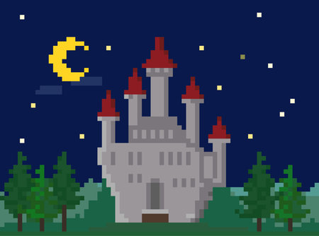 Pixel Night Landscape With Medieval Castleのイラスト素材
